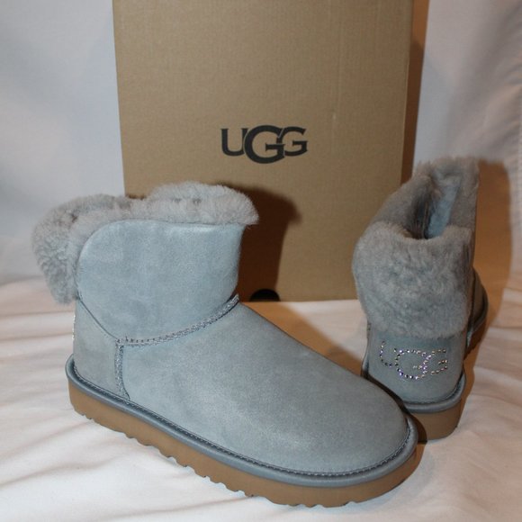 UGG MINI BLING SWAROVSKI CRYSTAL SUEDE BOOTS GRAY - Picture 2 of 11